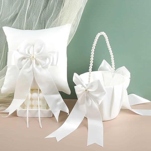 Ring Bearer and Flower Girl Basket Set for Wedding White Satin Wedding Ring Cushion Pearl Handle Flower Girl Baskets X250311