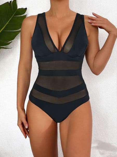 Sexy V-Neck Beach Bodysuit Swimwear Plain Splicing Mesh One Piece Swimsuit Women See-Through Monokini Bathers Low Back Slimming Swimming Bathing Suit S-XXL