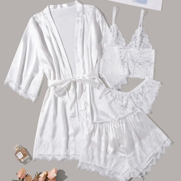 4PCS Womens Long Pajamas Set White Lace Satin Silk Night Lingerie Tops And Shorts Casual Spwear Loose Wedding Home Gown 250311 Z260509