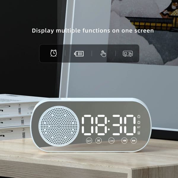 Smart Bluetooth Speaker Clock with Mirror Display, Dual Alarms & HIFI Bass | Portable Compact Desk Gadget for Home/Travel, FM/TF Card Music Gift Idea
