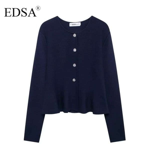 Women Navy Blue Knit Jacket Round Neck Long Sleeves Flared Hem Sier-Tone Button Female Coat Outerwear