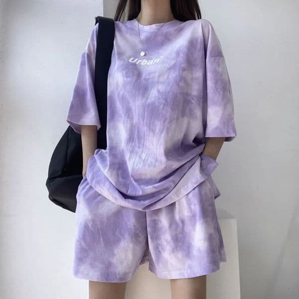 Womens Tshirt and shorts set casual tie dye loose wide leg short sleeved shirt with pockets soft summer 250314