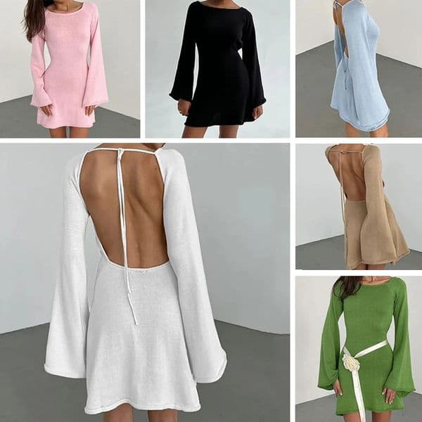 Sexy Backless Round Neck Cover Solid Color Knitted Beach Wear Fashion Horn Sleeve Set Womens Holiday Packaging Dress 250314