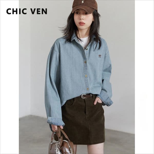 CHIC VEN Korean Female Blouses Loose Single Breasted Bow Embroidered Denim Shirt Blue Shirt for Women Coat Spring Autumn 2025 250310