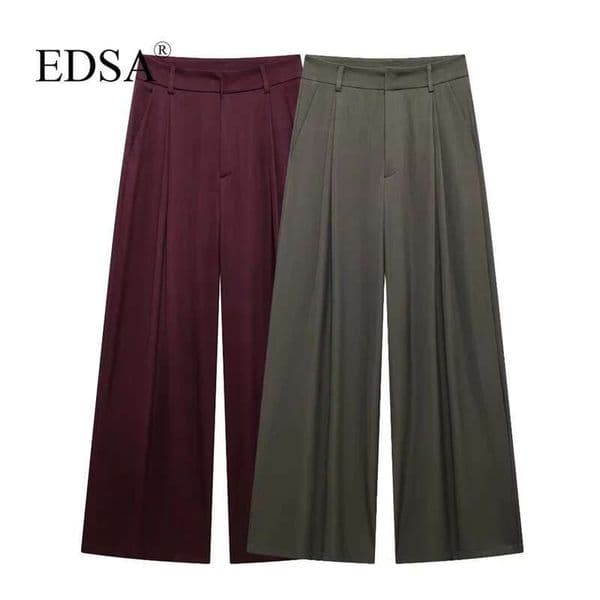 Women Solid Trousers With Double Pleat For Office Lady Wide Leg Straight Long Pants High Waist Belt Loops