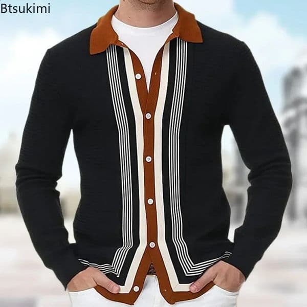 Spring Autumn Mens Clothing Fashion Men Long Sleeve Knitted Cardigan Business Casual Striped Polo Shirts Knitwear Male 250311