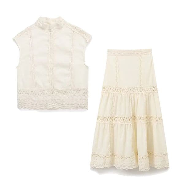 Zach Ailsa Summer Collection Womens Retro Round Neck Hollow Short Sleeve Crochet Top High Waist Half Skirt Casual Set 250312BJ