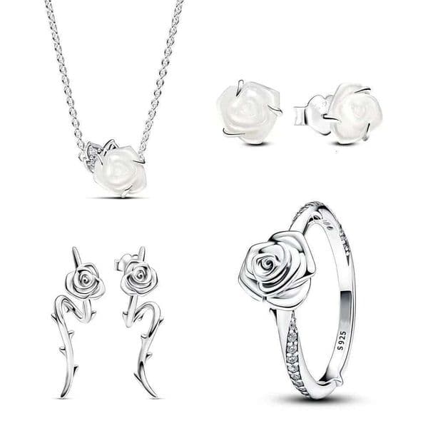 New 925 Sterling Silver Necklaces for women Mother Day Gifts White Rose In Bloom Collier Necklace Ring Stud Earrings Fit Women