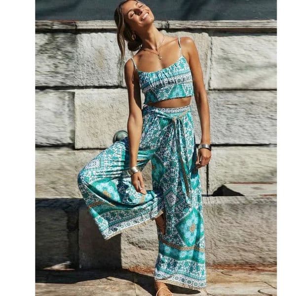 TEELYNN Wideleg Pants and Crop Top Suit Beach Bohemia Cotton Womens Summer Two Pieces Set Ladies Boho Floral Suits Casual 250313
