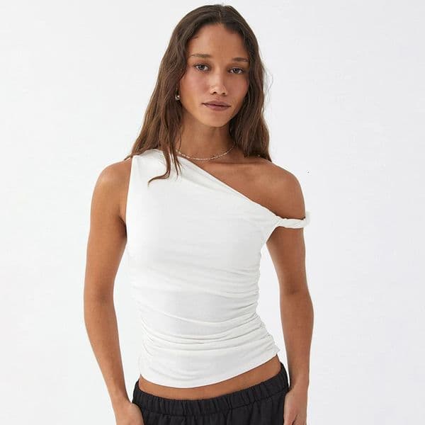 CUTENOVA Simple Basic Casual Summer Tank Top Sleeveless Solid Color Off Shoulder Side Ruched Crop Tops Vestidos Spring Women T S 250314