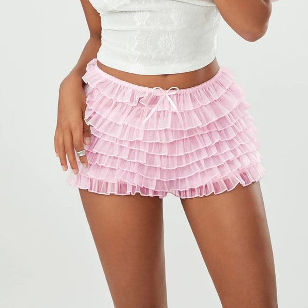 Womens Summer Ruffled Frilly Shorts Solid Color Multi-Layer Mesh Short Pants Sweet Cute Bloomers 250314BJ