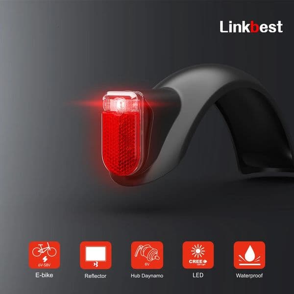 Link-Rainproof Electric Bicycle Tail Light Ebike Rear Light LED Cycling Flashlight Bike Light MTB Lamp Dynamo Hub 250314