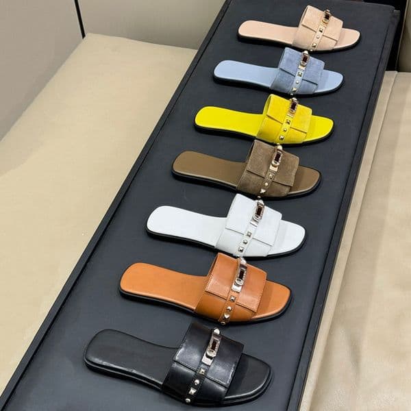 High quality Classic style Silver button Flat heel Slides slippers sandals mules Flat Beach Real leather open toes Luxury designer Slides for womens holiday shoes