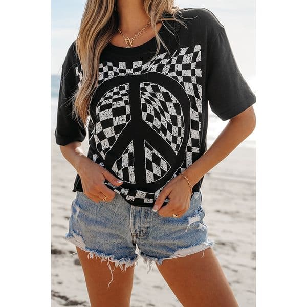 2025 Summer New Loose Short Sleeved T-shirt for Womens Fashion Checkerboard Printed Three Quarter Sleeved Top for Women