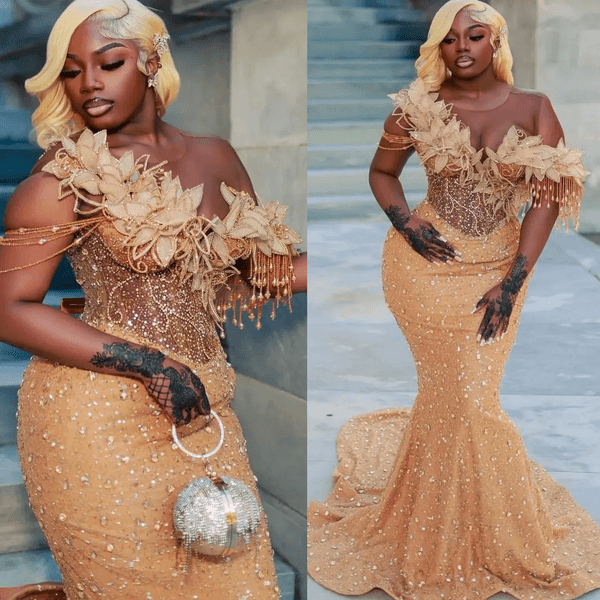 Gold Mermaid Prom Dresses 2025 Illusion rals Crystals Sequined Evening Formal Party Second Plus Size Dress For Special Ocn Birthday Gowns