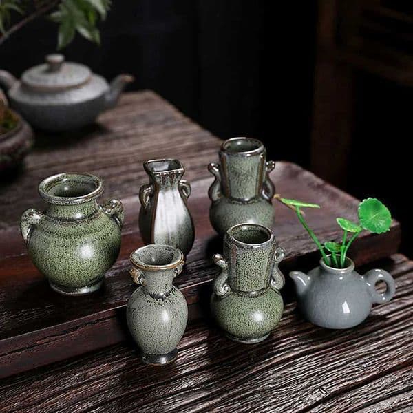 1 ceramic miniature vase green retro floral vase handicraft desktop decoration hydroponic Chinese living room decoration X250317
