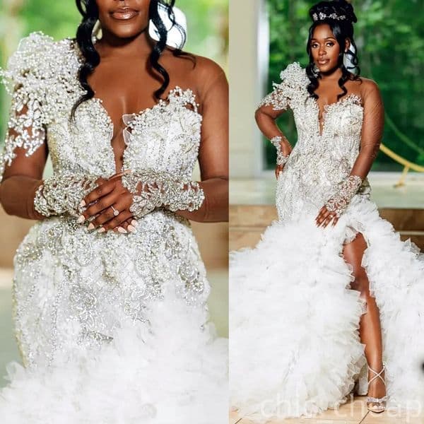 2025 Arabic Aso Ebi Plus Size Ivory Wedding Dress Appliques Beaded Crystals Pearls Tiers Luxurious Bridal Gowns Dresses ZJ055