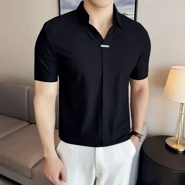 Men Waffle Polo Shirt British Style Summer Ice Silk Thin Solid Casual Elastic Slim Fit Short Sleeved T-shirt Men Clothing 250314