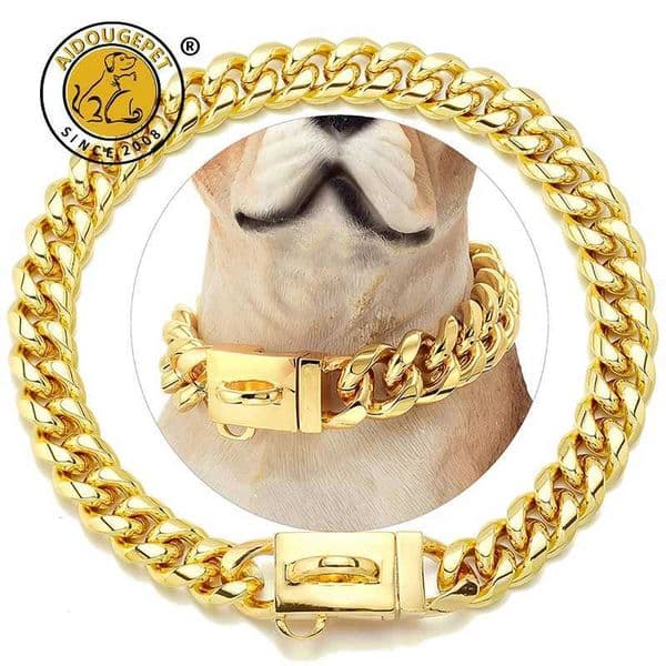 18K Gold Dog Collar Stainless Steel Cuban Link Chain 14mm Wide Metal Pet Necklace for Small Medium Large Dog Collar ProductXJ250317
