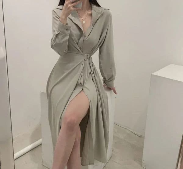 Elegant and chic light mature style lapel single chest waist suitable for weight loss long sleeves dresses fashionable womens clothing 250314