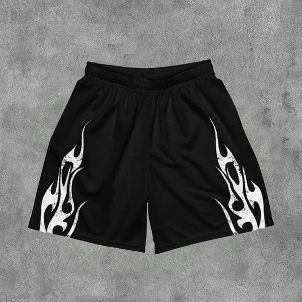 Sopula retro Y2k flame graphic mesh shorts mens clothing 250314