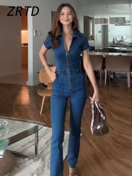 Street womens denim jumpsuit ultra-thin lapel short sleeved zipper high waisted womens jumpsuit spring womens fashion jumpsuit 250314