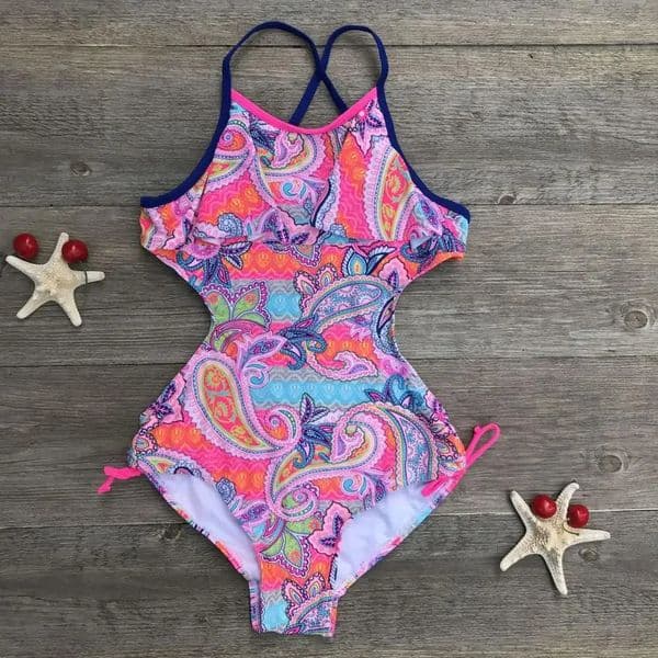 Bohemian style girls onepiece swimsuit childrens 16T large 1 piece summer fatos de banho 250318