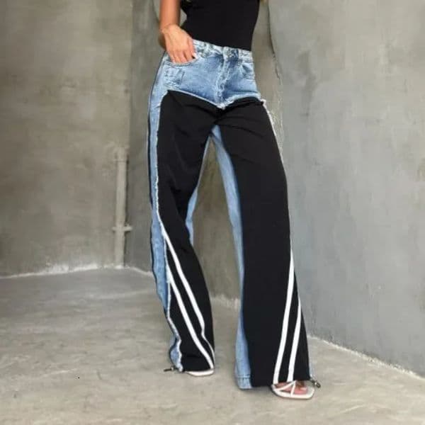 Unique Sweatshirt Patchwork Jeans Womens Autumn Mid Waist Trousers Reversible Color Blocking Stripes Fringe 250317