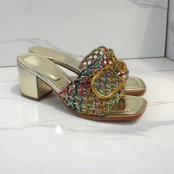Designer Sandals Women Straw Slides Fashion High Heels Open Toe Summer Sandles Hollow Leather Beach Sliders Gold Silver Black Slip On Size 35-42