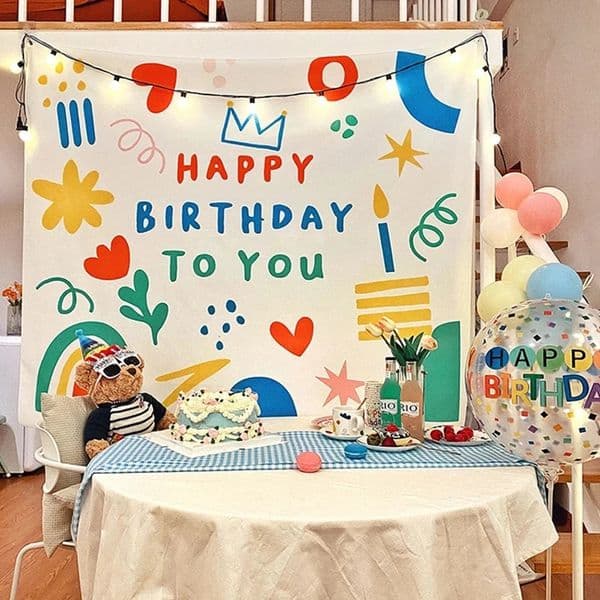 Happy Birthday Background Tapestry Clothing Kawaii Childrens Room Wall Decoration Dormitory Cartoon Family Party 250318
