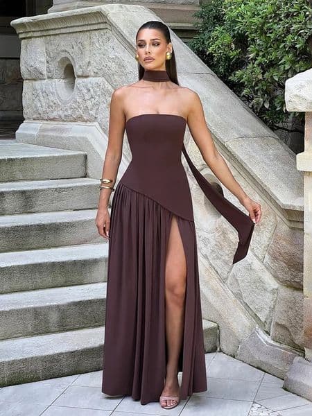 TARUXY Irregular Slit Vacation Long For Women Elegant Contrast Slim Ribbon Dress Back Lace Up Female Strapless Summer 250317