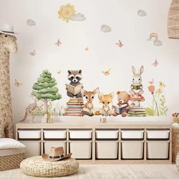 Cute Woodland Animals are learning Wall Stickers for Kids Room Wallpaper Children Bedroom Living Nursery Decoration 250318