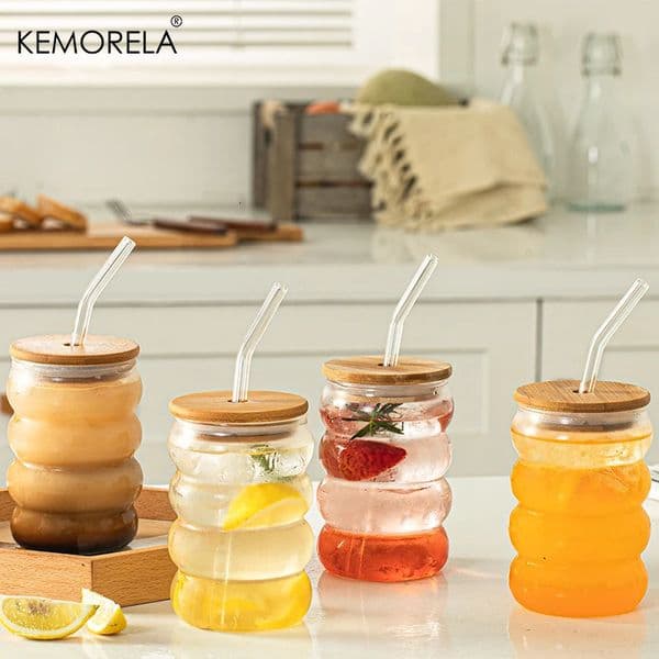 4 creative glasses with Lid Straw heatresistant wave cup beer juice iced coffee cocktail foam glass drink 250318