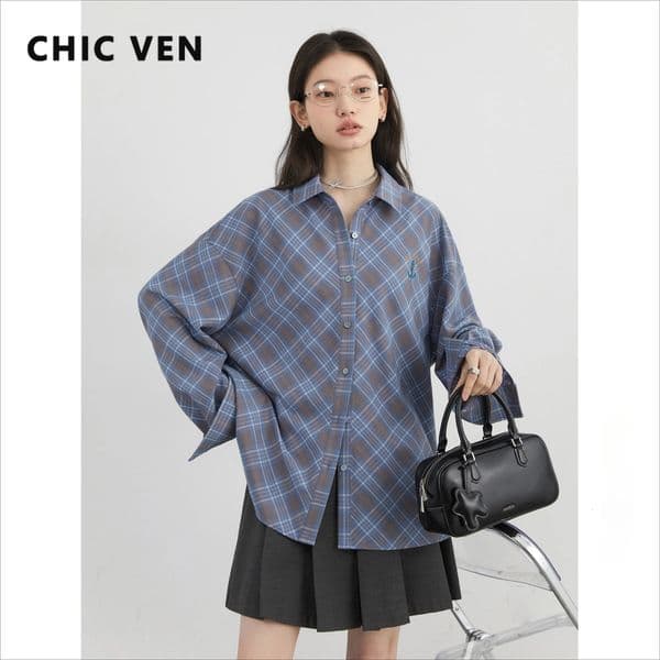 CHIC VEN Womens Shirt Loose Casual Street Retro Contrasting Plaid Blouses Long Sleeved Embroidered Top Spring Summer 250314