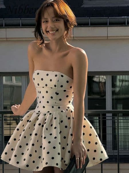 Nibber Dots Print Dress Women Chest Wrap Backless Bow Applique Ruffles Loose Hem 2025 Y2k Trend Streetwear Chic Mini Bodycon 250319