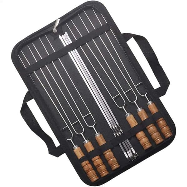 10 PCS/Set Stainless Steel Wire BBQ Skewers Wood Handle Grill Roasting Sticks Outdoor Camping BBQ Tools Storage Bag Kit 250314