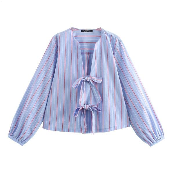 Trafshe Spring and Summer Womens Lace Striped Top Retro Clothing Long Sleeve Shirt 0387058 250318
