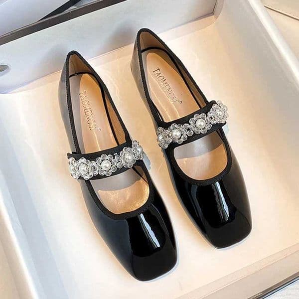 Cooked food womens transparent Rhine shoulder strap Mary Jens womens shoes Lolita ballet dancer patent apartment Loafers womens square toe ballet dancerXJ250319