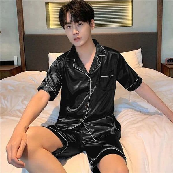 Ice silk sleepwear mens short sleeved thin summer solid color sleepwear large-sized home set 250320
