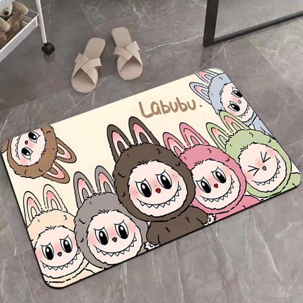 Designer Floor Mat Labubu Cartoon Playmat - Soft Polyester Fiber, Hine Washable, Colorful Character Design With cool carpet Cute Animal Faces, Ideal For Decor,