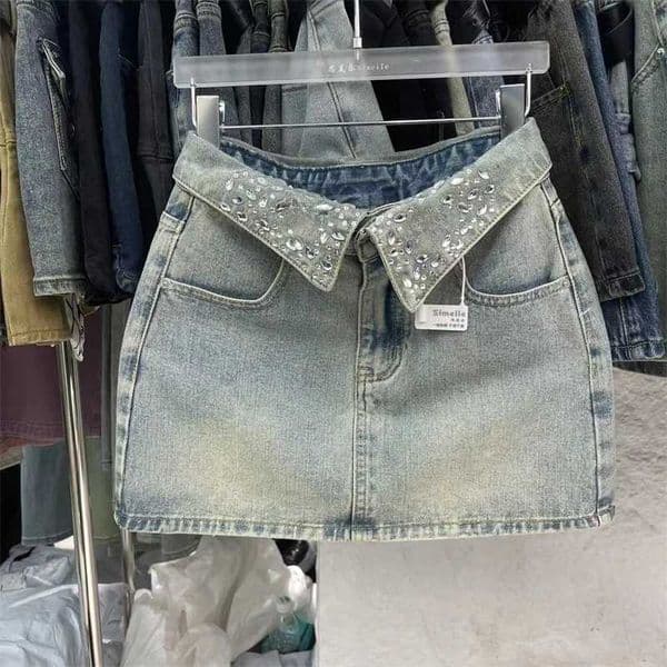 Cool Collar Rhine Shorts Womens Jeans Skirt 2024 Summer New Hot Girl High Waist Light Blue Denim A-Line Skiingxj250320 ddmyMon ddmyMon ddmyMon