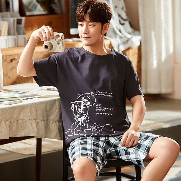 2-piece mens summer cotton pajama set short sleeved top pajama mens casual pajama pajama 250320