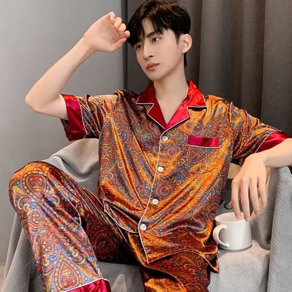 High Quality Pajamas Suit Men Summer Ice Silk Short Sleeve Thin Sleepwear Satin Paisley Print Teen Loungewear Male 250320