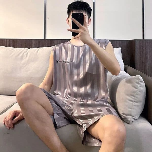 Plus Size Men Ice Silk Pajamas Homewear Tops and Pants Youth Sleepwear Loungewear Two Piece Set Fashion Striped Casual Nightwear 250320