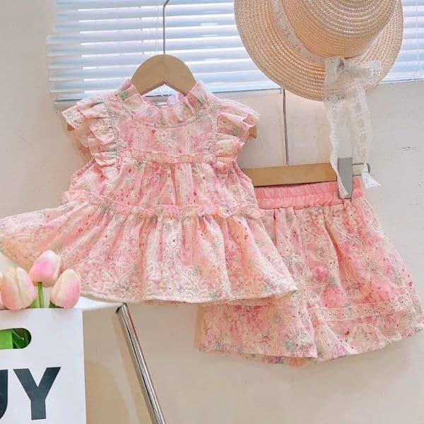 Summer Baby Girl 2PCS Clothing Set Sweet Lace Printed Sleeveless ShirtShorts Belle Elastic Wiast Shorts Kid 250319
