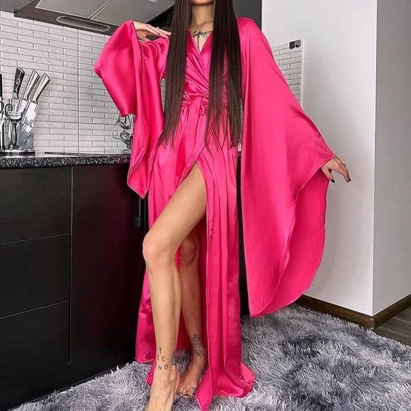 Womens sexy Vneck lace satin long dress elegant high waisted pleated party fashionable split solid robe 250320
