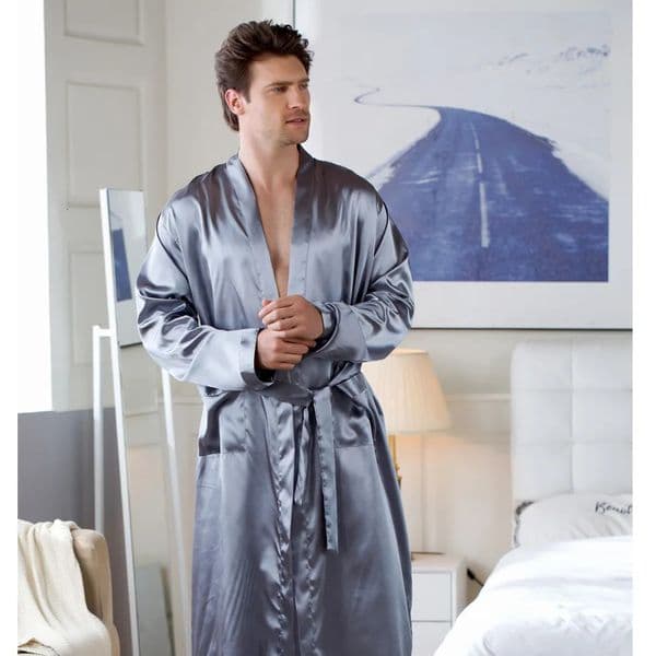 Plus size mens pajamas kimono bathrobe gray long sleeved V-neck pajamas with pockets spring and summer mens clothing 250320