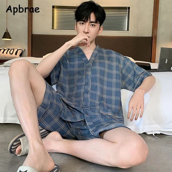 Summer mens pajamas soft short sleeved plus size L4XL kimono plain weave top fashion home wear 250320