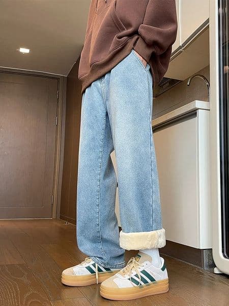 Mens winter pants wool straight jeans Korean fashion elastic waist half width pocket denim thick warm 250312