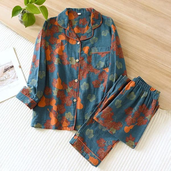 2026 Japanese Spring/Summer Womens Pajama 100% Cotton Retro Long Sleeve Pants Two Piece Set Home Furniture Free Shipping